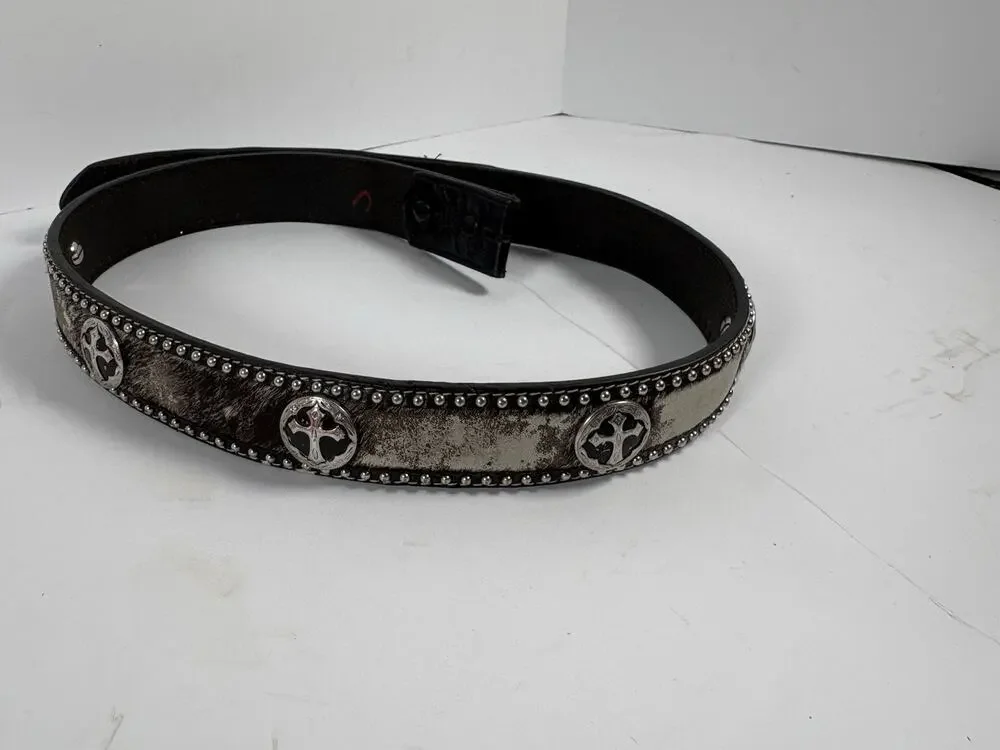 3D Hair On Hide Western Concho Belt 34 Hand Tooled Leather Cross USA